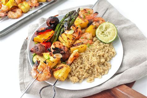 Generously brush each shrimp skewer, front and back, with butter mixture. Grilled Shrimp and Pineapple Skewers with Coconut Quinoa