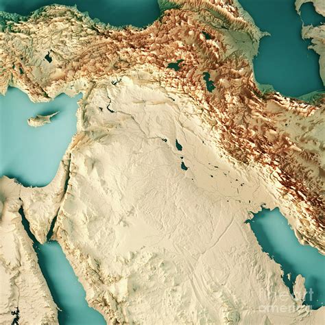 Middle East Syria Iraq 3d Render Topographic Map Color Digital Art By