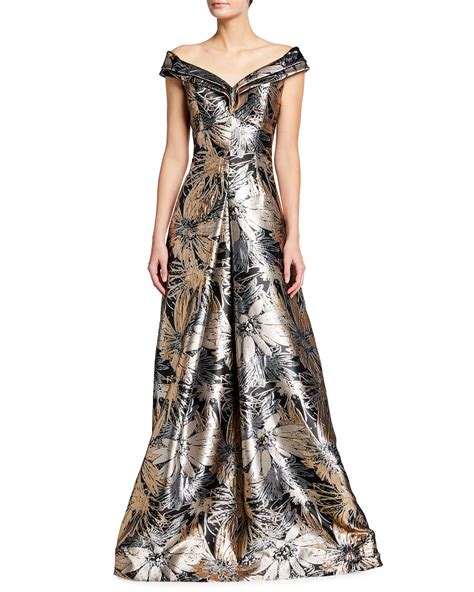 Rickie Freeman For Teri Jon Off Shoulder Metallic Floral Jacquard Gown