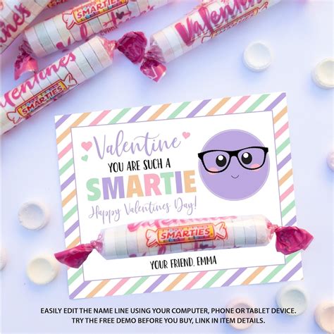 Smartie Valentines Day Tag Printable Kids Valentine Card School