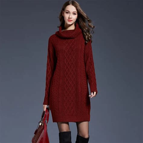 Women Fashion Turtleneck Thick Sweater Dresses Plus Size Casual