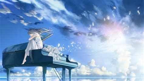 Lonely Anime Girl Piano Instrument Scenic Sky Anime Girl With