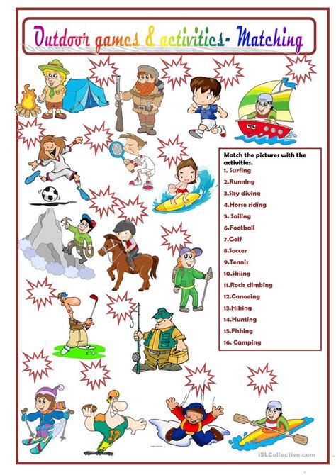 Esl kids a to z worksheets,games resources,esl grammar games,english vocabulary games,language activity games,teaching english as a second vocabulary games for kids and vocabulary review games for english online learning. OUTDOOR GAMES AND ACTIVITIES worksheet - Free ESL ...