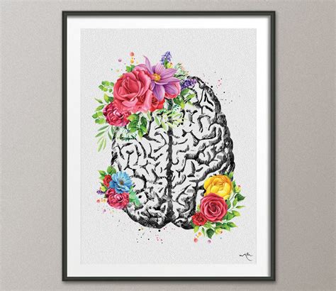 Brain Anatomy Flowers Cerebrum Floral Watercolor Medical Art Science