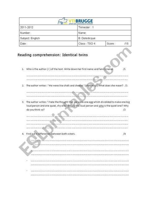 English Worksheets Reading Comprehension Identical Twins