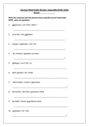 German Separable Prefix Verbs Worksheet Trennbare Verben Teaching