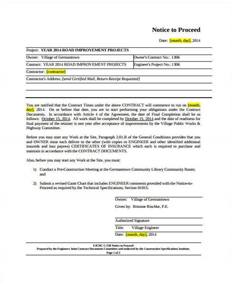 9 Notice To Proceed Templates Free Sample Example For