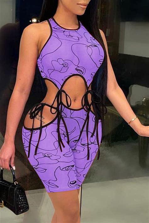 Purple Sexy Print Bandage O Neck Sleeveless Two Piecestwo Pieces