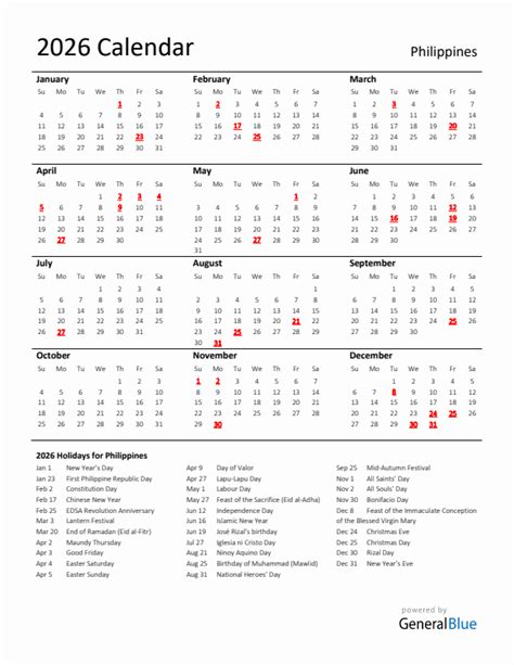 2026 Philippines Calendar With Holidays
