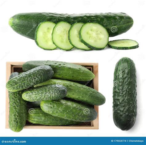Set With Whole And Sliced Cucumbers On Background Stock Photo Image