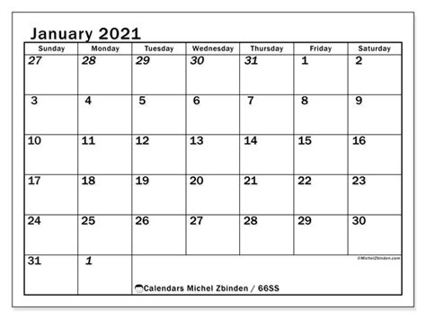 Printable January 2021 “66ss” Calendar Michel Zbinden En
