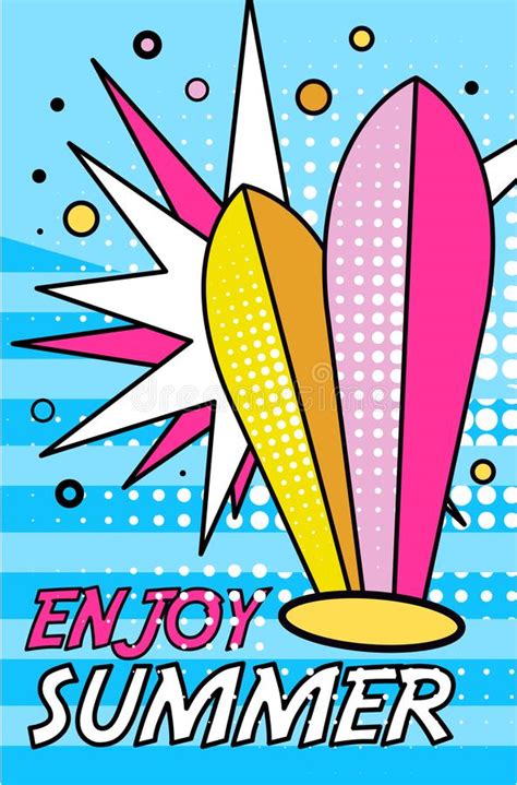 Hello Summer Banner Bright Retro Pop Art Style Poster With Surfboards