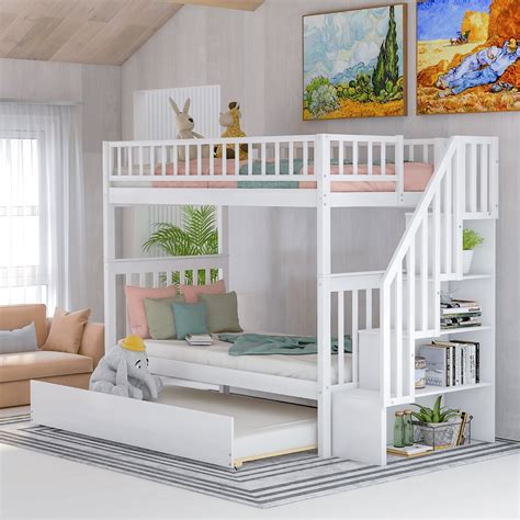 Modern Twin Over Twin Wood Bunk Bed With Trundle And Storage Converted