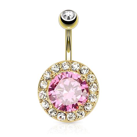 pink cz 14kt gold plated surgical steel navel belly button ring gold belly ring belly rings