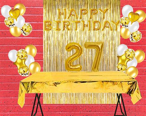 Gold 27th Birthday Celebration Balloon Happy Birthday Banner Backdrop Photo Booth Props