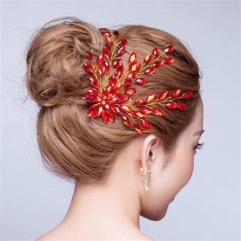 Handmade Hair Accessories Jewelry Luxury Red Crystal Rhinestone