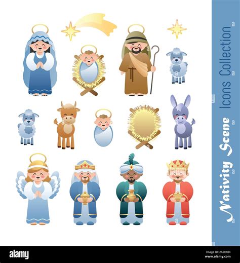 Nativity Scene Icons Collection Cute Cartoon Characters Vector