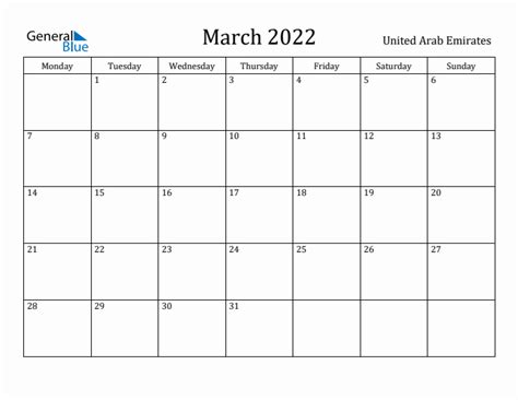 March 2022 United Arab Emirates Monthly Calendar With Holidays