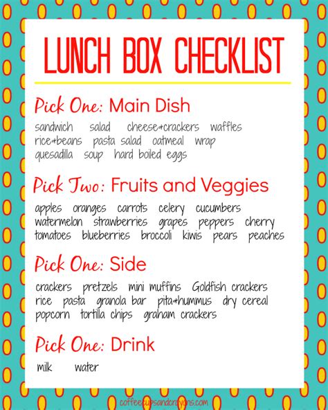 Free Printable Lunch Box Packing Checklist With Choices Healthy