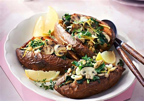 Homemade pesto stuffed sweet potatoes. Stuffed Sweet Potatoes with Pesto Mushrooms, a flavourful ...