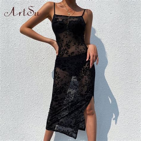 Artsu Lace See Through Slit Midi Dresses Women Sexy Sleeveless Slip