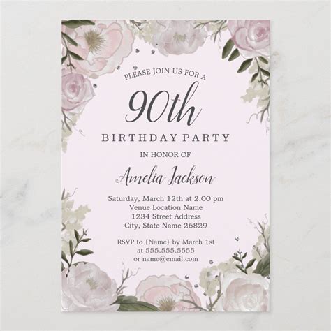 Sparkle Pink Floral 90th Birthday Party Invitation Zazzle Floral