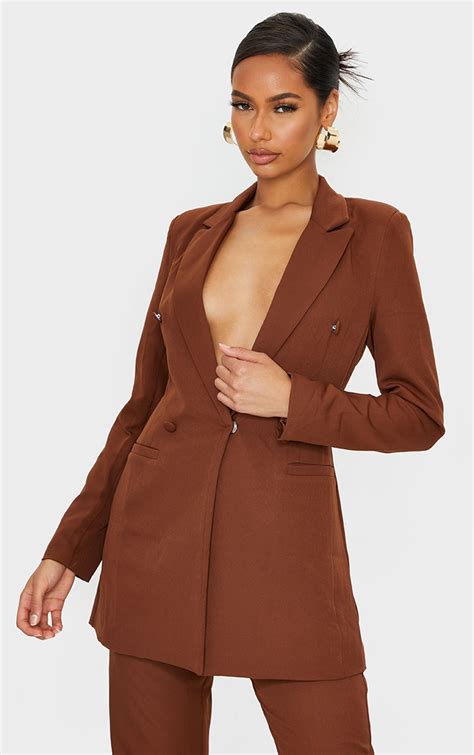 chocolate brown double breasted woven blazer prettylittlething ire