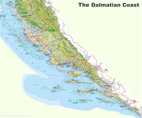 Croatia vacation map presenting you over 2000 km of indented coast with over 1200 islands and with the most picturesque mountain ranges in the background. Dalmatian Coast tourist map