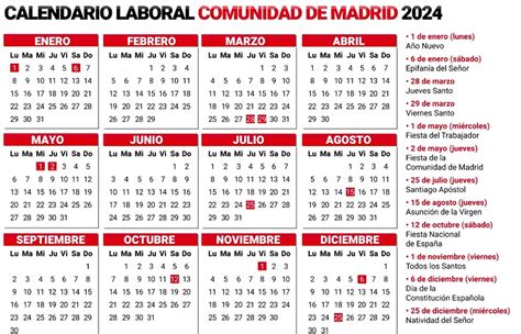 Calendario laboral de la Comunidad de Madrid Consulta todos los días festivos y puentes