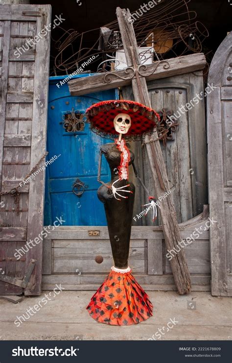 Skeleton Statue Sombrero Wooden Doors Background Stock Photo 2221678809