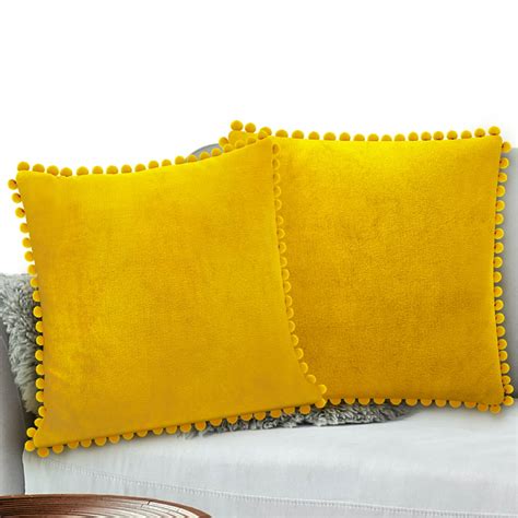 Pavilia Mustard Yellow Throw Pillow Covers 18x18 Set Of 2 Pom Pom