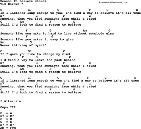 Song Lyrics With Guitar Chords For Reason To Believe Guitar Songs For