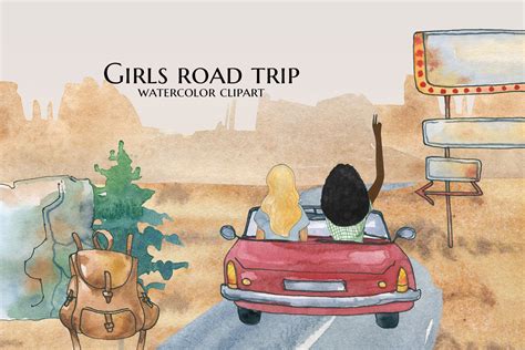 Best Friends Girls Road Trip Clipart Watercolor Traveling Etsy