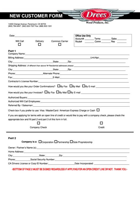 New Customer Application Form Template