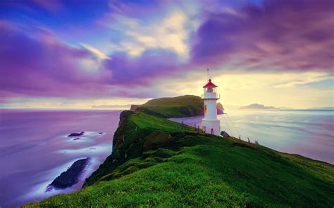 Wallpaper Iceland Faroe Islands Lighthouse Summer Purple Sky Coast