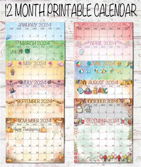 12 Month Printable Calendar Digital Calendar Printable Calendar Month