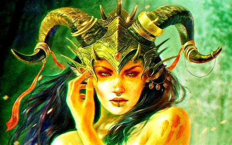 download piercing gold helmet horns fantasy demon hd wallpaper