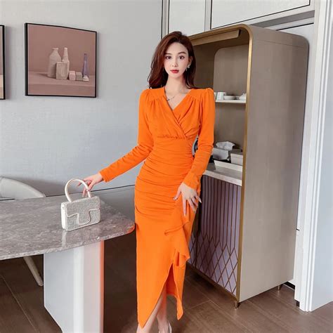 Red Korean Dresses For Women 2022 New Fashion Elegant Hip Wrap V Neck Long Sleeves Midi