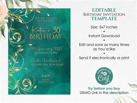 Editable Birthday Invitation Template Emerald Green And Gold Etsy