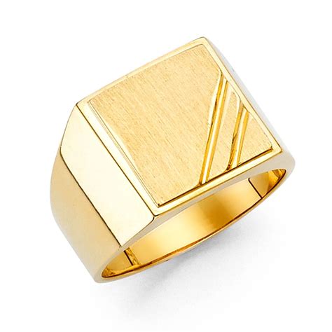 Solid 14k Yellow Gold Mens Square Ring Classic Design Diamond Cut