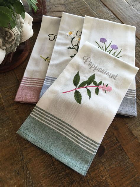 Embroidered Tea Towels With Herb Motifs