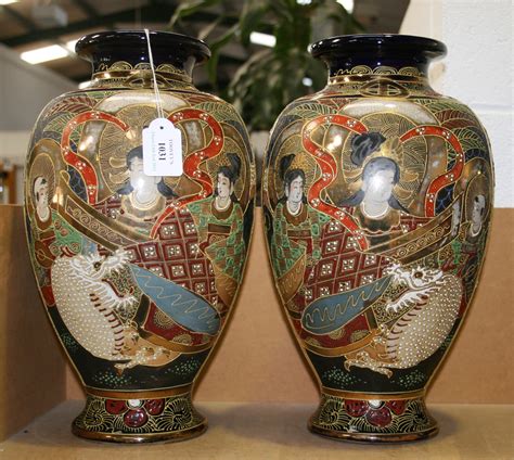 A Pair Of Japanese Satsuma Vases 20th Century Each Baluster Body