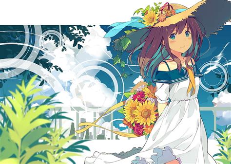 Hd Wallpaper Anime Girl Summer Dress Flowers Straw Hat Clouds