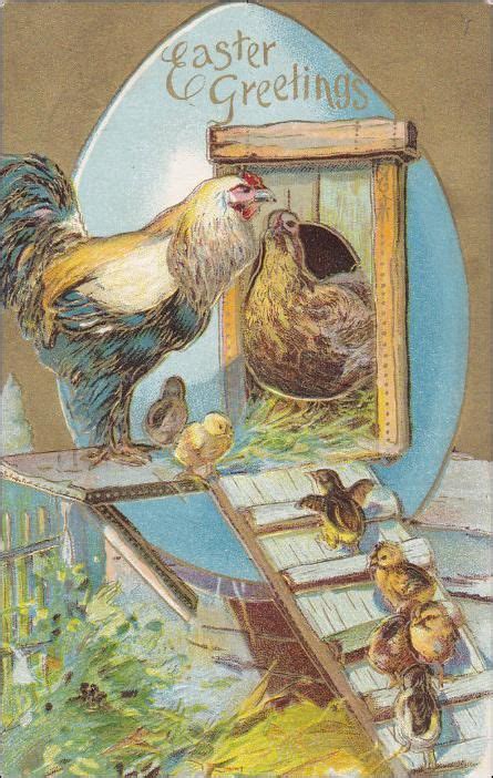 Chickens Hen Rooster And Chicks Vintage Easter Postcard Gold Details