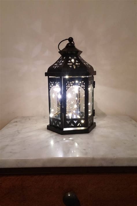 Black Metal Lantern With Copper String Lightsbattery Operated Etsy