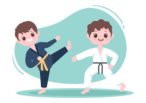 Cute Cartoon Kids Doing Some Basic Karate Martial Arts Moves Fighting