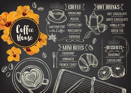 Coffee House Menu On Chalkboard With Hand Drawn Food And Drink Items