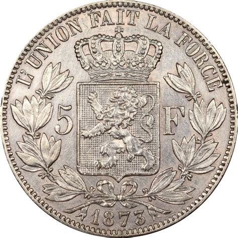 Belgium 5 Francs Silver 1873 Leopold Ii High Grade