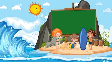 Premium Vector Empty Banner Template With Kids On Vacation At The