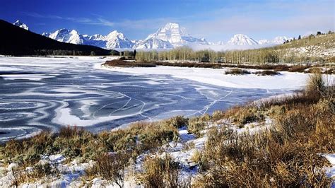 Grand Teton National Park In Winter Snow Mountains Ice River Trees